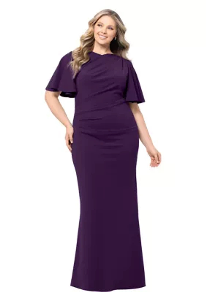 Plus Short Sleeve Ruffle Wide Neck Ruched Solid Gown