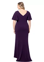 Plus Short Sleeve Ruffle Wide Neck Ruched Solid Gown