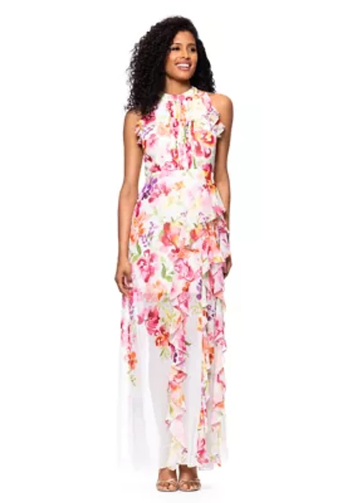 Women's Sleeveless Floral Printed Chiffon Gown