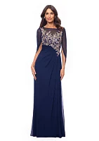 Women's Cape Sleeve Crew Neck Appliqué Gown