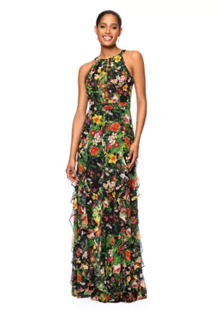 Women's Floral Printed Ruffle Gown