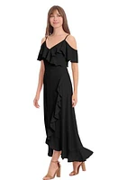 Women's Short Sleeve Cold Shoulder Solid Ruffle Maxi Dress