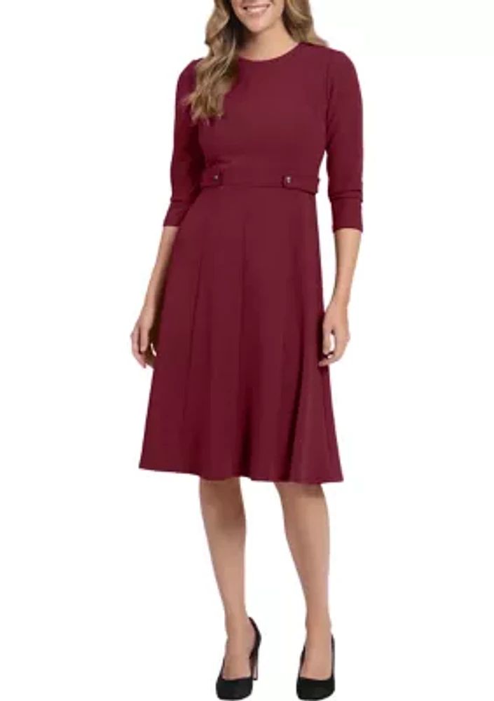 Women's 3/4 Sleeve Waist Tab Midi Dress