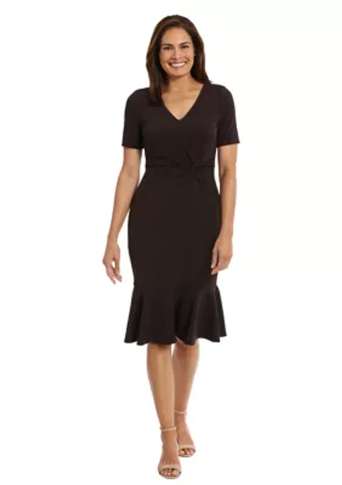 Women's Short Sleeve Side Knot Flounce Hem Scuba Crepe Sheath Dress