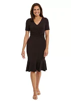 Women's Short Sleeve Side Knot Flounce Hem Scuba Crepe Sheath Dress