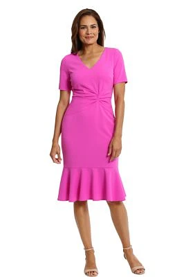 Women's Short Sleeve Side Knot Flounce Hem Scuba Crepe Sheath Dress