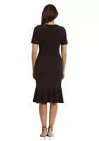 Women's Short Sleeve Side Knot Flounce Hem Scuba Crepe Sheath Dress