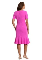 Women's Short Sleeve Side Knot Flounce Hem Scuba Crepe Sheath Dress