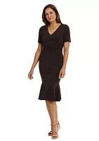 Women's Short Sleeve Side Knot Flounce Hem Scuba Crepe Sheath Dress