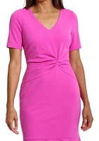 Women's Short Sleeve Side Knot Flounce Hem Scuba Crepe Sheath Dress