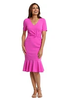 Women's Short Sleeve Side Knot Flounce Hem Scuba Crepe Sheath Dress