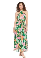 Women's Sleeveless Halter Neck Floral Print Maxi Fit and Flare Dress