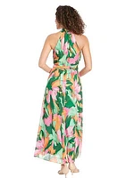 Women's Sleeveless Halter Neck Floral Print Maxi Fit and Flare Dress