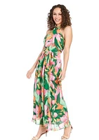 Women's Sleeveless Halter Neck Floral Print Maxi Fit and Flare Dress