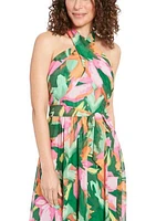 Women's Sleeveless Halter Neck Floral Print Maxi Fit and Flare Dress