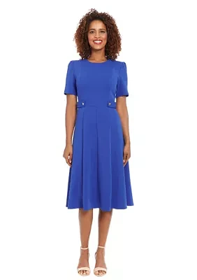 Women's Puff Sleeve Solid Belted Fit and Flare Dress