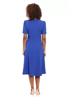 Women's Puff Sleeve Solid Belted Fit and Flare Dress