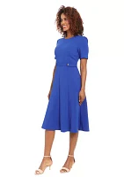 Women's Puff Sleeve Solid Belted Fit and Flare Dress