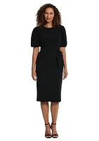 Women's Short Puff Sleeve Solid Side Tie Scuba Crepe Sheath Dress