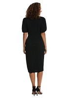 Women's Short Puff Sleeve Solid Side Tie Scuba Crepe Sheath Dress