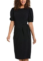 Women's Short Puff Sleeve Solid Side Tie Scuba Crepe Sheath Dress