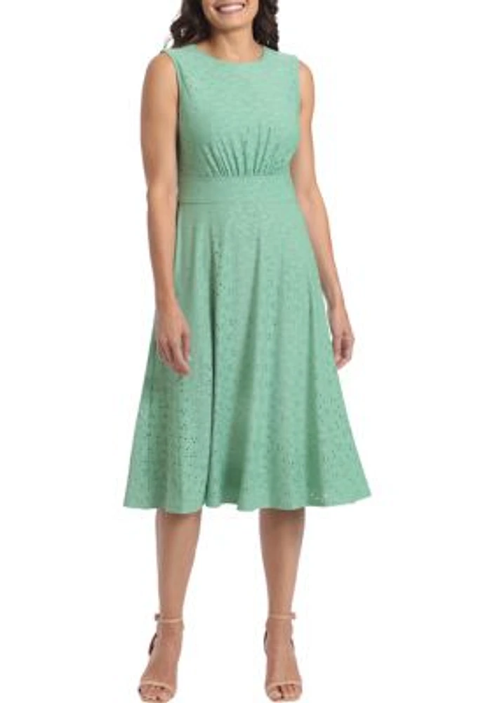 Women's Sleeveless Solid Eyelet Jersey Midi Fit and Flare Dress