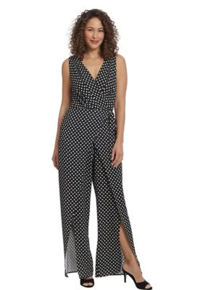 Women's Sleeveless V-Neck Dot Print Side Tie Jumpsuit with Leg Slit