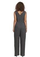 Women's Sleeveless V-Neck Dot Print Side Tie Jumpsuit with Leg Slit