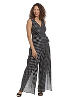 Women's Sleeveless V-Neck Dot Print Side Tie Jumpsuit with Leg Slit