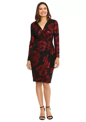 Women's Long Sleeve V-Neck Printed Sheath Dress