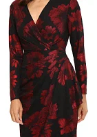 Women's Long Sleeve V-Neck Printed Sheath Dress