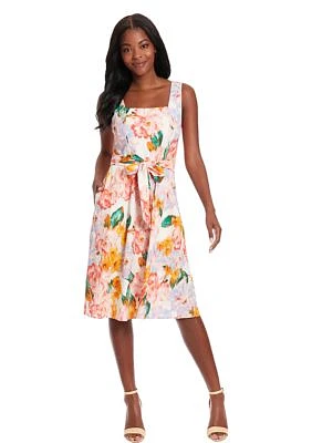 Square Neck Fit And Flare Dress with Sash