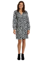 Women's Long Sleeve V-Neck Surplice Dot Print Fit and Flare Dress