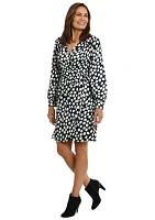 Women's Long Sleeve V-Neck Surplice Dot Print Fit and Flare Dress