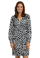 Women's Long Sleeve V-Neck Surplice Dot Print Fit and Flare Dress