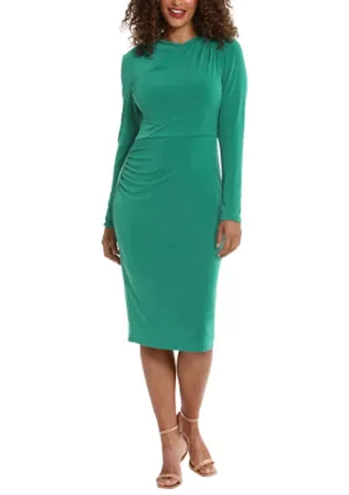 Women's Long Sleeve Solid Side Ruched Sheath Dress