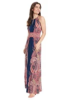 Women's Printed Sleeveless Halter Neck A-Line Maxi Dress