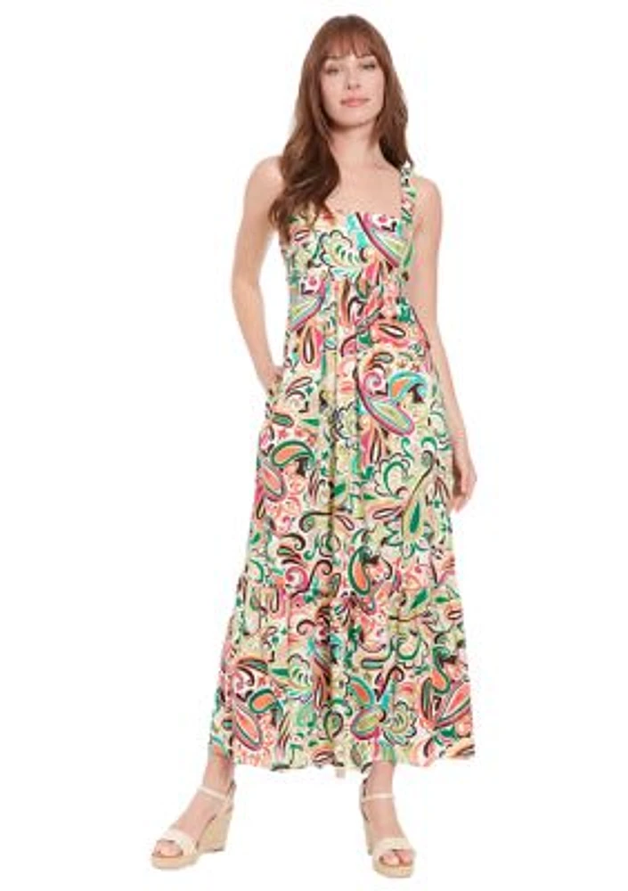 Women's Sleeveless Square Neck Abstract Print Maxi Dress