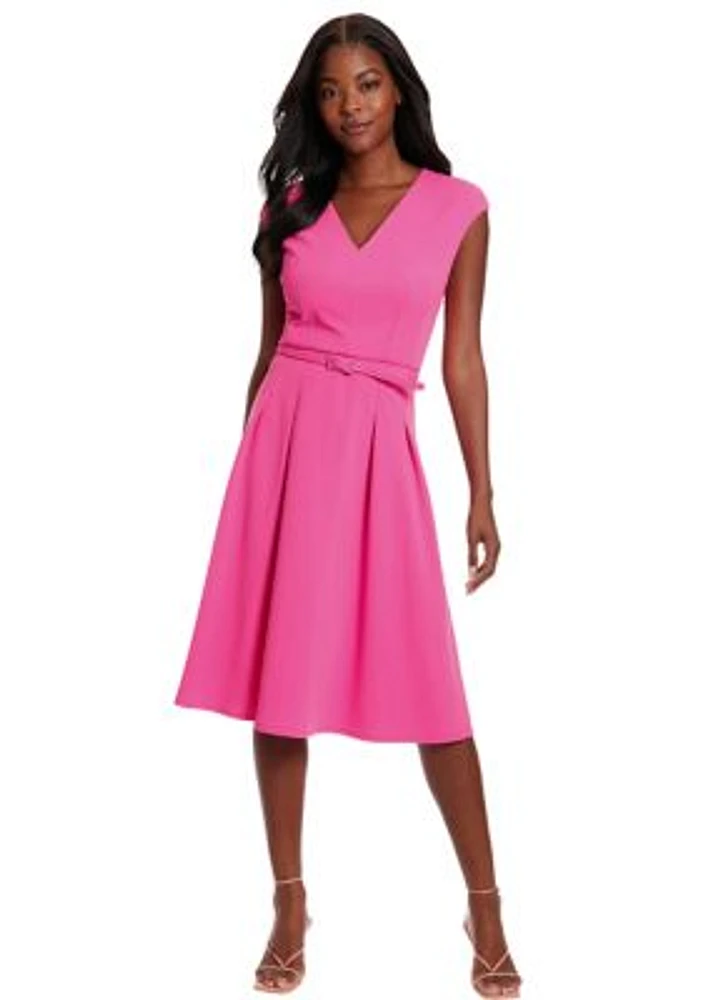 London Times Women's Sleeveless V-Neck Belted Solid Scuba Crepe Fit and Flare  Dress | Hamilton Place