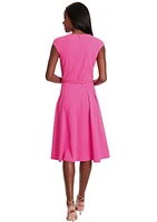 Women's Sleeveless V-Neck Belted Solid Scuba Crepe Fit and Flare Dress