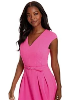 Women's Sleeveless V-Neck Belted Solid Scuba Crepe Fit and Flare Dress