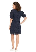 Women's Puff Sleeve Cotton Eyelet Shift Dress