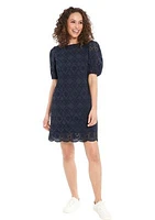 Women's Puff Sleeve Cotton Eyelet Shift Dress