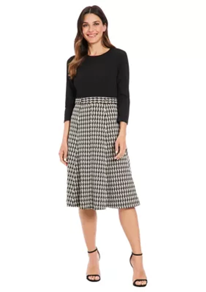 Women's Solid Scuba Crepe Long Sleeve Midi Dress with Digital Houndstooth Skirt