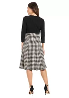 Women's Solid Scuba Crepe Long Sleeve Midi Dress with Digital Houndstooth Skirt