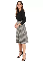 Women's Solid Scuba Crepe Long Sleeve Midi Dress with Digital Houndstooth Skirt