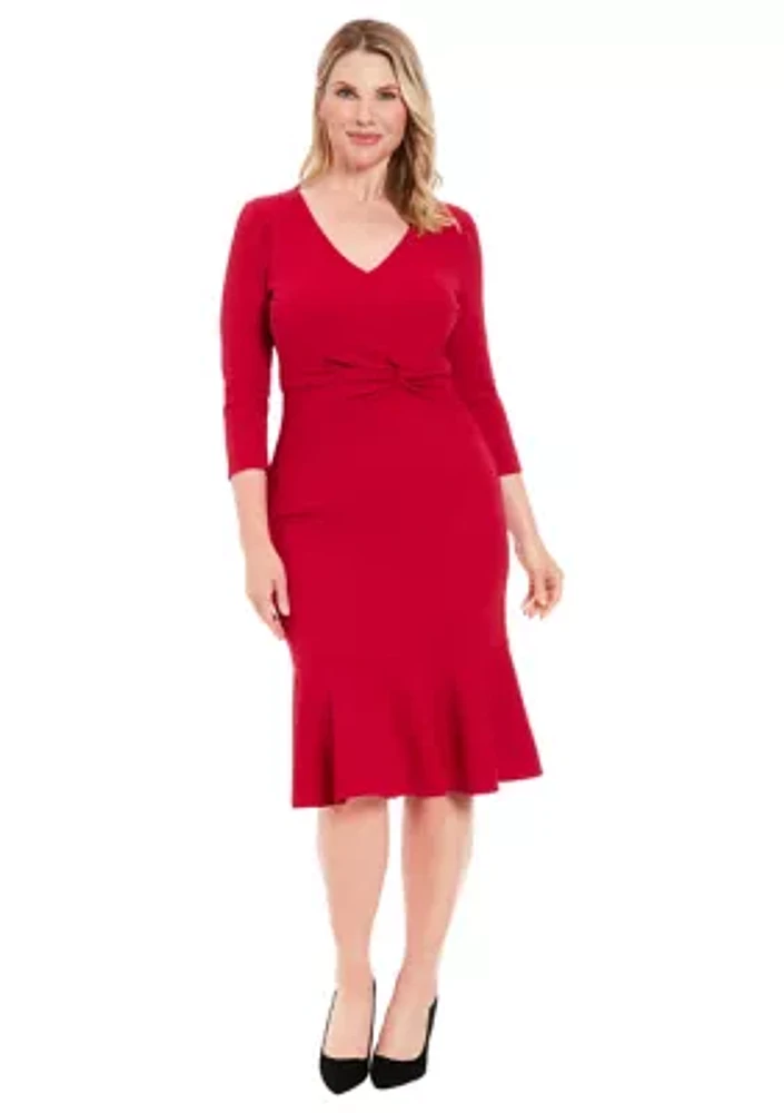 Women's Solid Scuba Crepe V-Neck Side Twist Midi Flounce with 3-4 Slvs