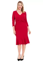 Women's Solid Scuba Crepe V-Neck Side Twist Midi Flounce with 3-4 Slvs