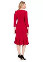 Women's Solid Scuba Crepe V-Neck Side Twist Midi Flounce with 3-4 Slvs