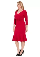 Women's Solid Scuba Crepe V-Neck Side Twist Midi Flounce with 3-4 Slvs